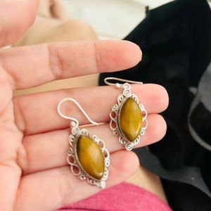 Boho Style Brown Silver Plated Genuine Gemstone Earrings